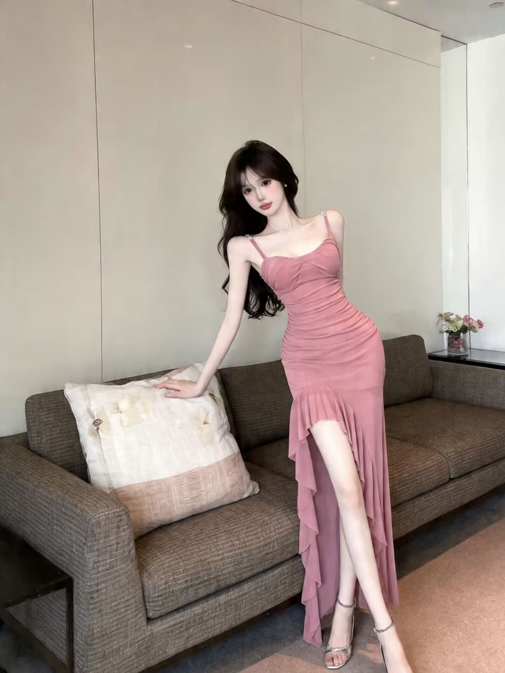 실사 새로운 해변 몸매 가꾸기 망사 슬립 치마 트임 섹시함 프릴 롱 스커트 불규칙 여성 드레스 상세 이미지 9