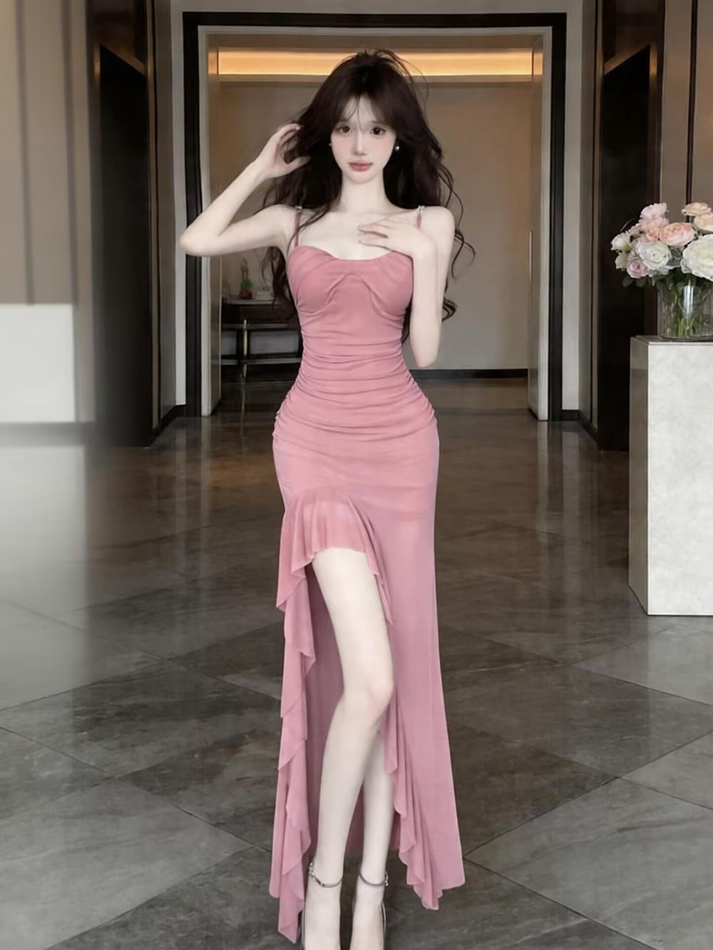 실사 새로운 해변 몸매 가꾸기 망사 슬립 치마 트임 섹시함 프릴 롱 스커트 불규칙 여성 드레스 상세 이미지 11