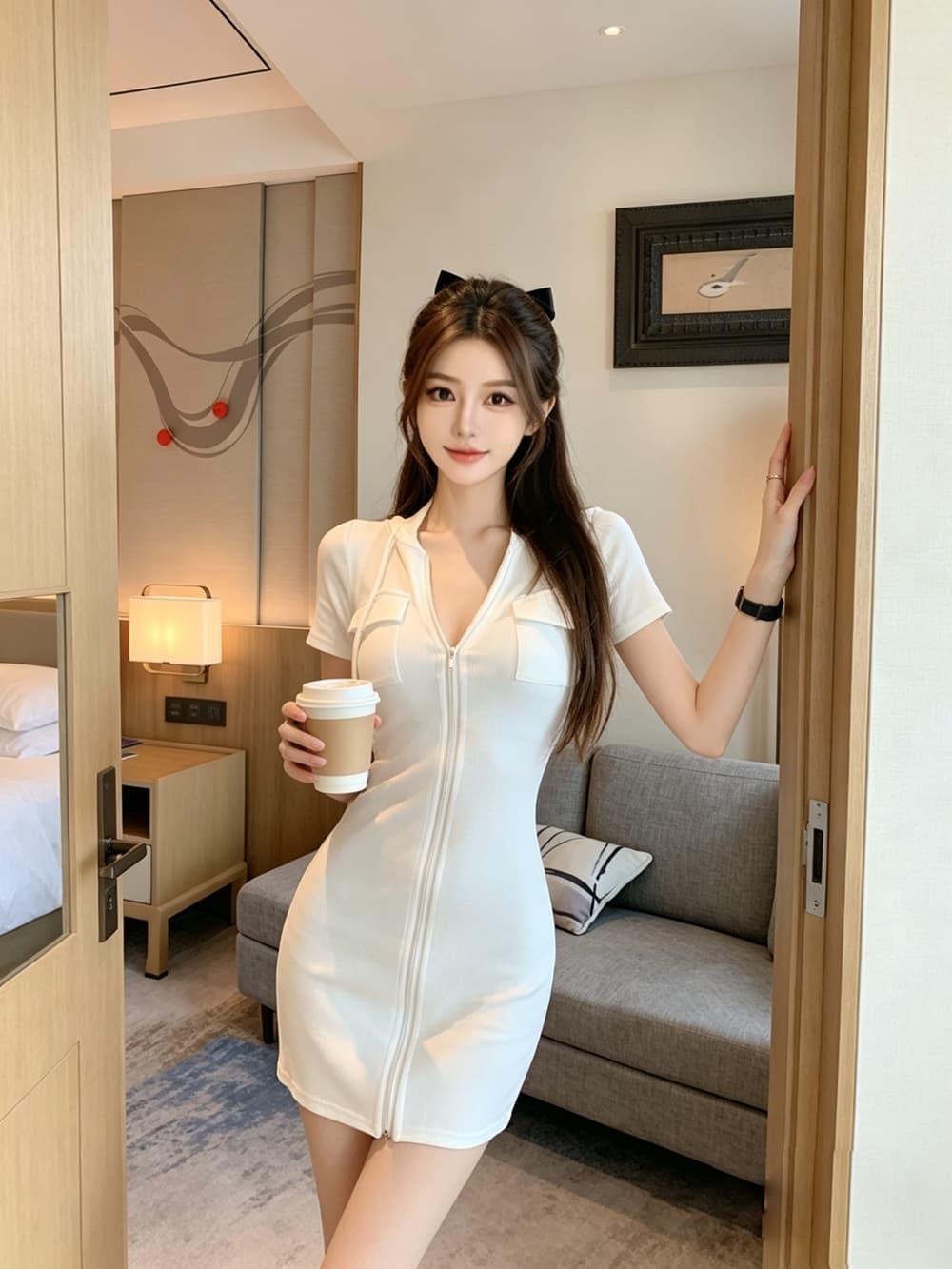 실사 프랑스식 레트로 섹시함 새로운 반팔 섹시함 후드 지퍼 작은 키 허리 수축 타이트 스커트 드레스 상세 이미지 6