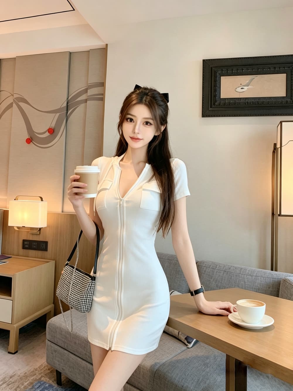 실사 프랑스식 레트로 섹시함 새로운 반팔 섹시함 후드 지퍼 작은 키 허리 수축 타이트 스커트 드레스 상세 이미지 9
