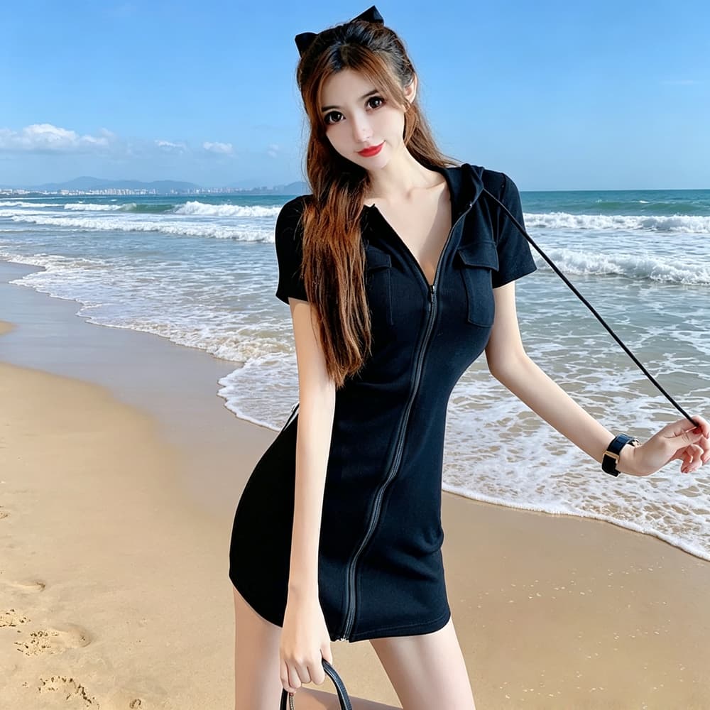 실사 프랑스식 레트로 섹시함 새로운 반팔 섹시함 후드 지퍼 작은 키 허리 수축 타이트 스커트 드레스 상세 이미지 19