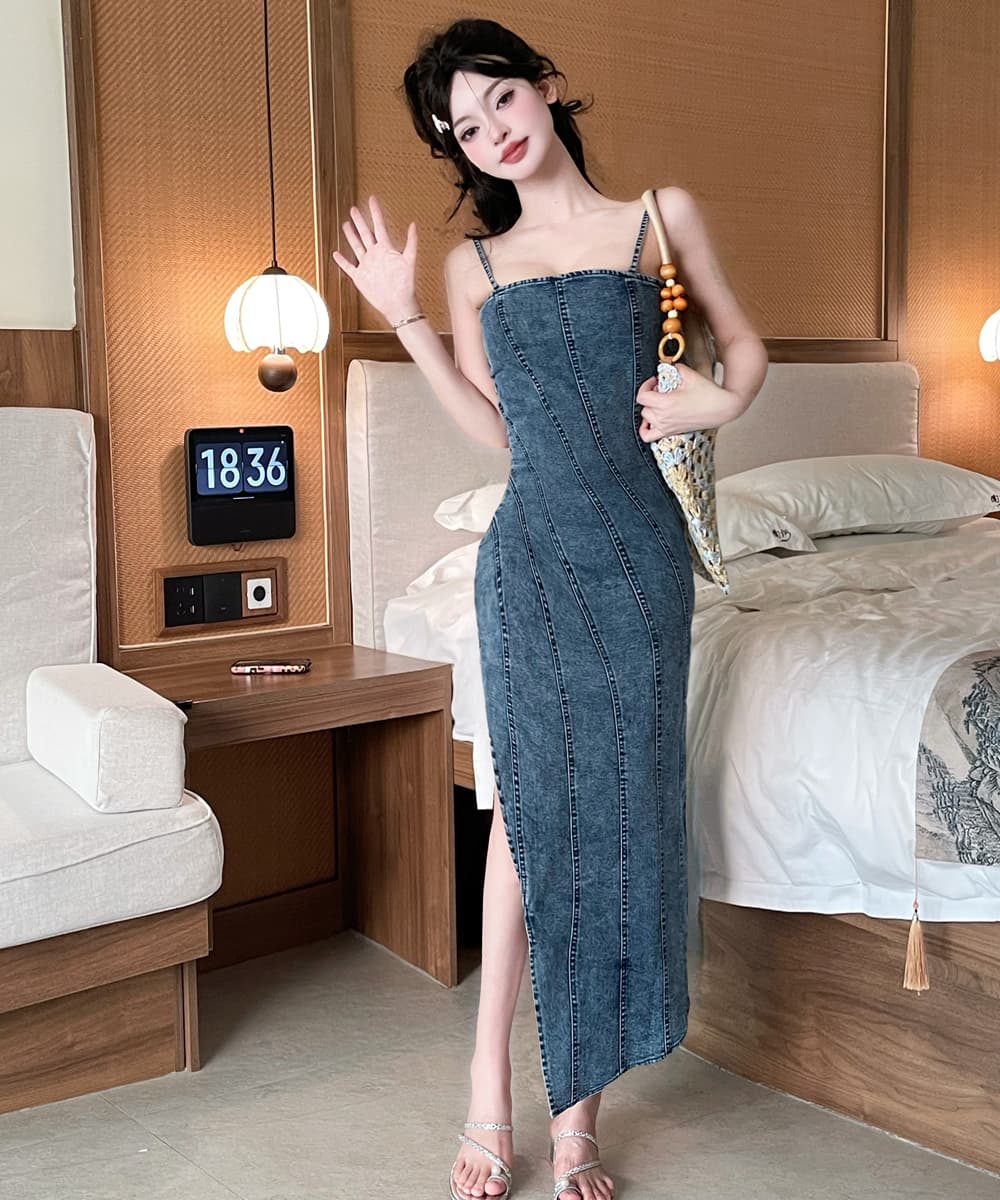실사 한 스타일 섹시함 새로운 여름 새로운 커브 사선 무늬 데님 슬립 드레스 트임 허리 수축 여성 드레스 이미지 3