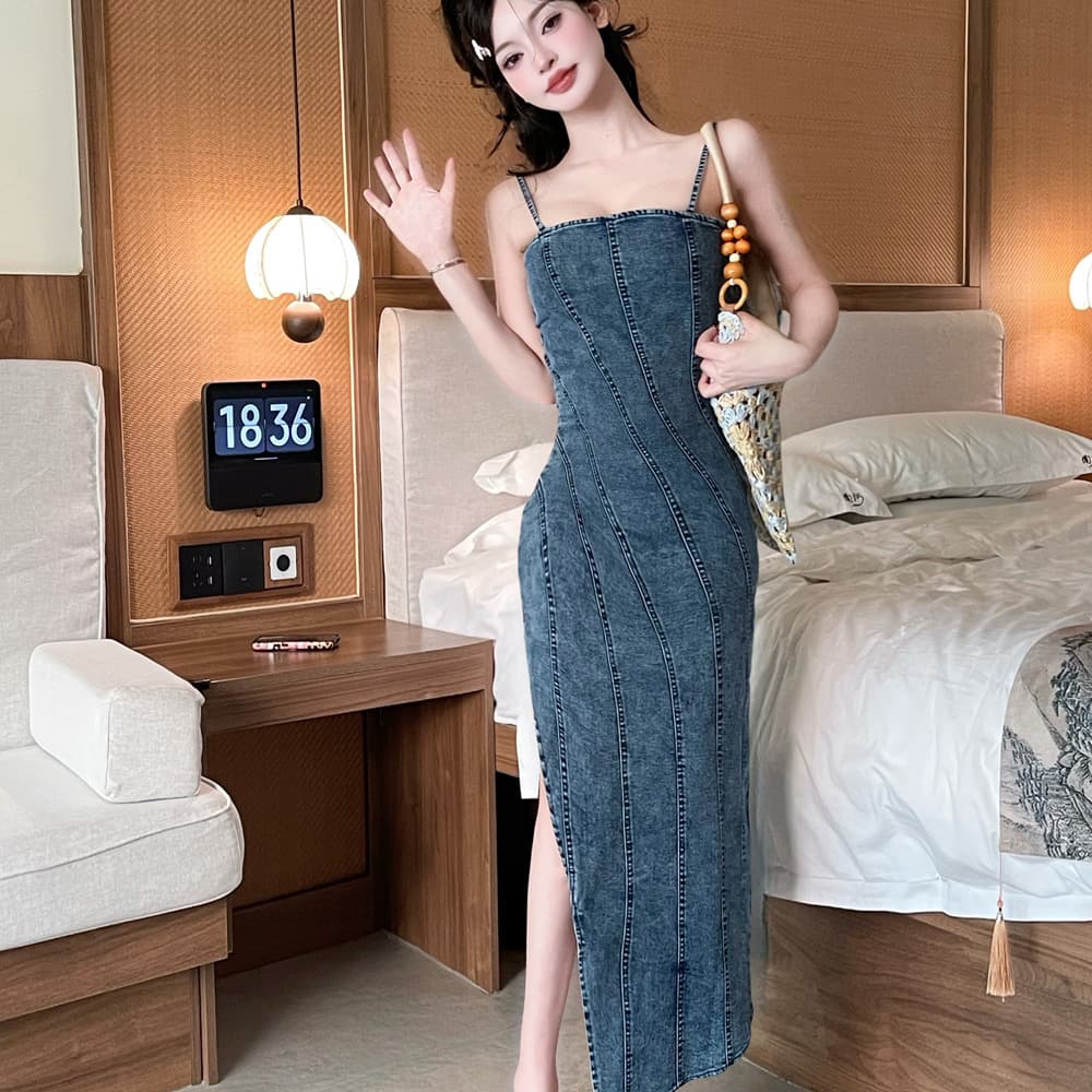 실사 한 스타일 섹시함 새로운 여름 새로운 커브 사선 무늬 데님 슬립 드레스 트임 허리 수축 여성 드레스 이미지 6