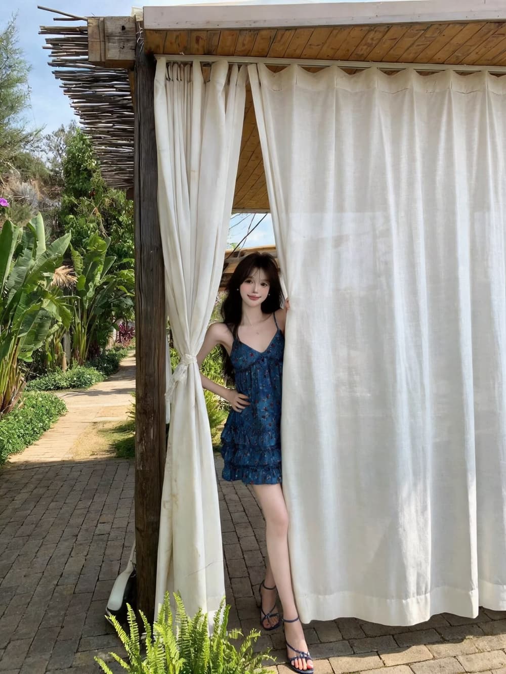 실사 새로운 품격 휴가 바람 작은 대중 파란색 슬립 미니 스커트 학생 꽃무늬 행침 목 디자인 디스플레이 화이트 드레스 상세 이미지 8