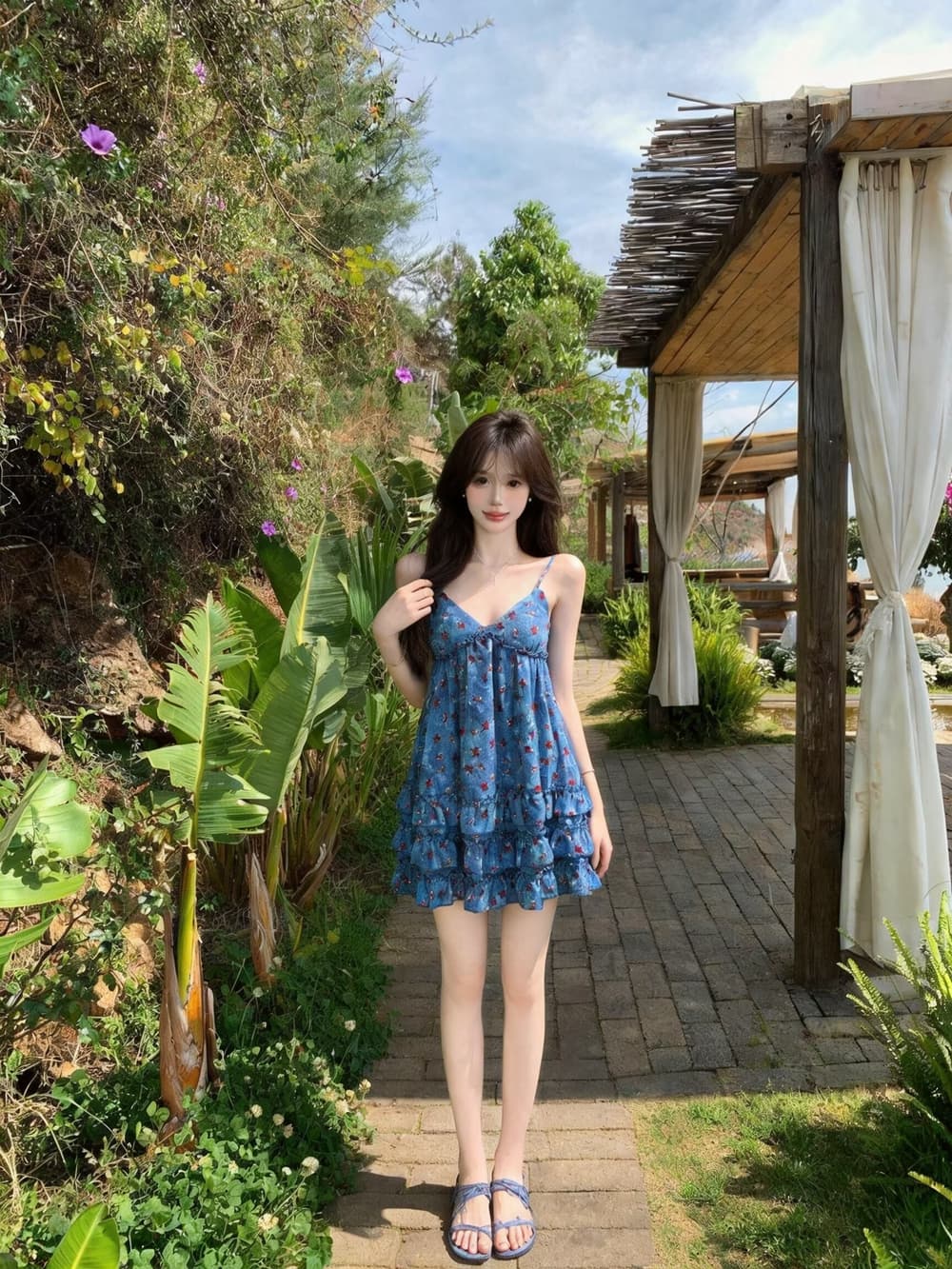 실사 새로운 품격 휴가 바람 작은 대중 파란색 슬립 미니 스커트 학생 꽃무늬 행침 목 디자인 디스플레이 화이트 드레스 상세 이미지 11