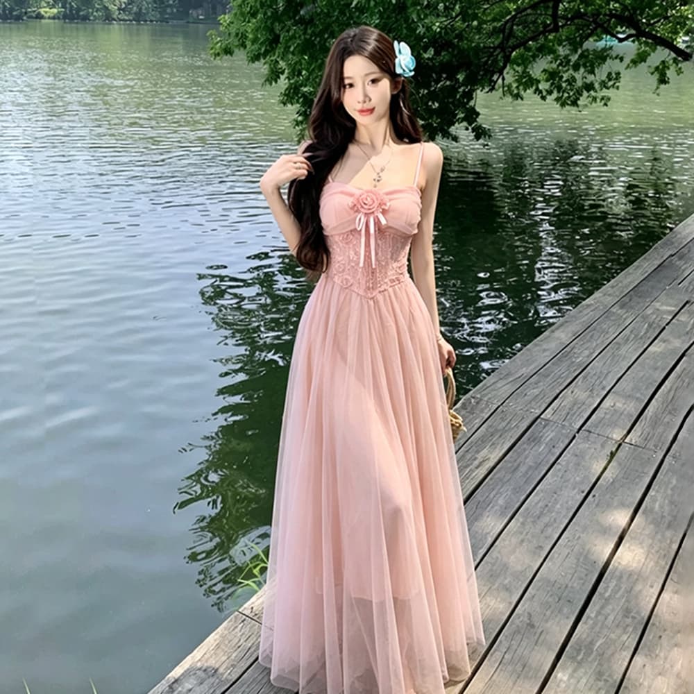 실사 새로운 프랑스식 부드러운 바람 레이스 조각 슬립 롱 스커트 휴가 해변 망사 드레스 여름 이미지 3