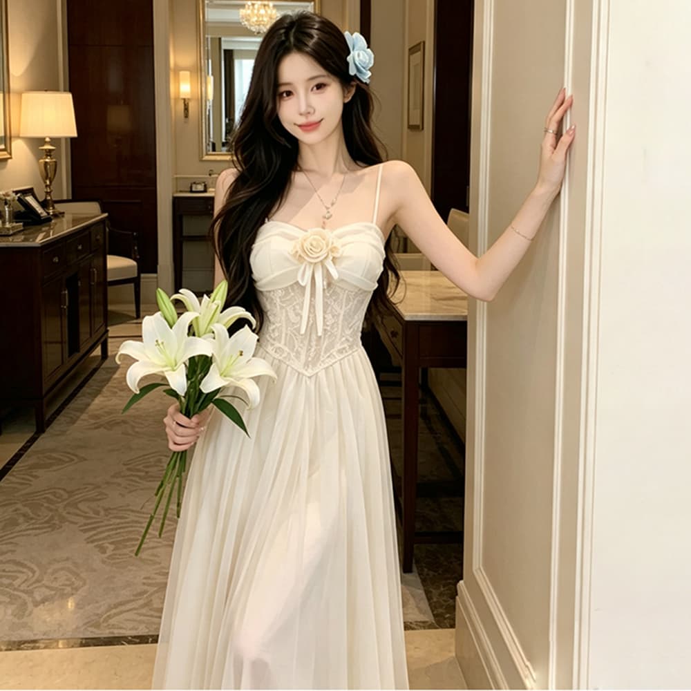실사 새로운 프랑스식 부드러운 바람 레이스 조각 슬립 롱 스커트 휴가 해변 망사 드레스 여름 상세 이미지 7