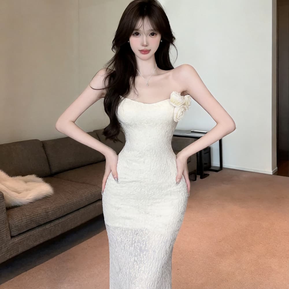 실사 프랑스식 레이스 꽃 여성 드레스 여름 새로운 휴가 품격 튜브탑 몸매 가꾸기 타이트 스커트 길다 치마 이미지 4