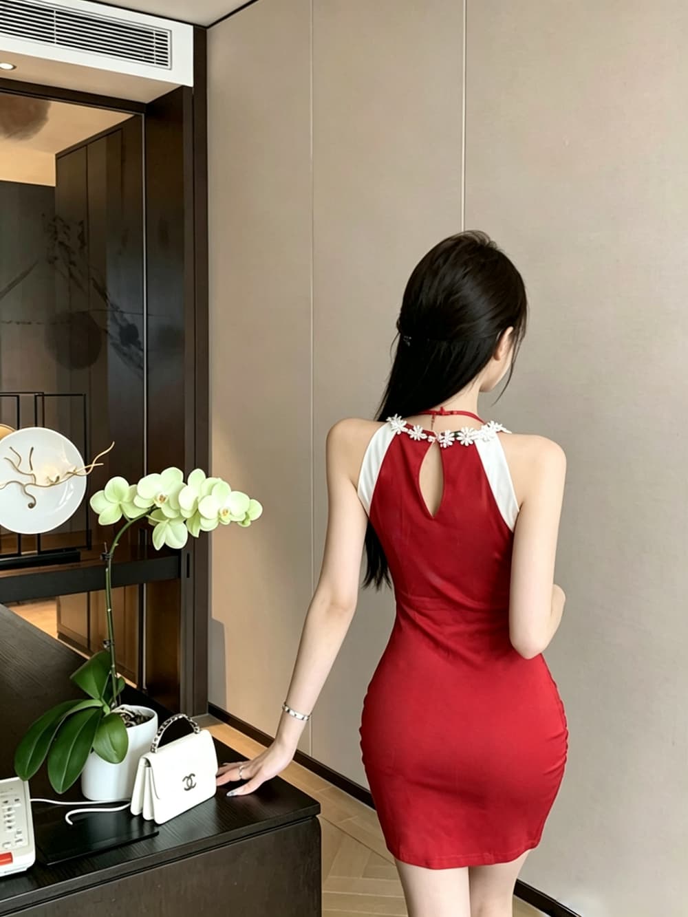 실사 새로운 명문 여성 섹시함 슬립 나이트 클럽 품격 패치워크 색상 몸매 가꾸기 행침 목 홀로우 아웃 타이트 스커트 슬립 드레스 상세 이미지 14