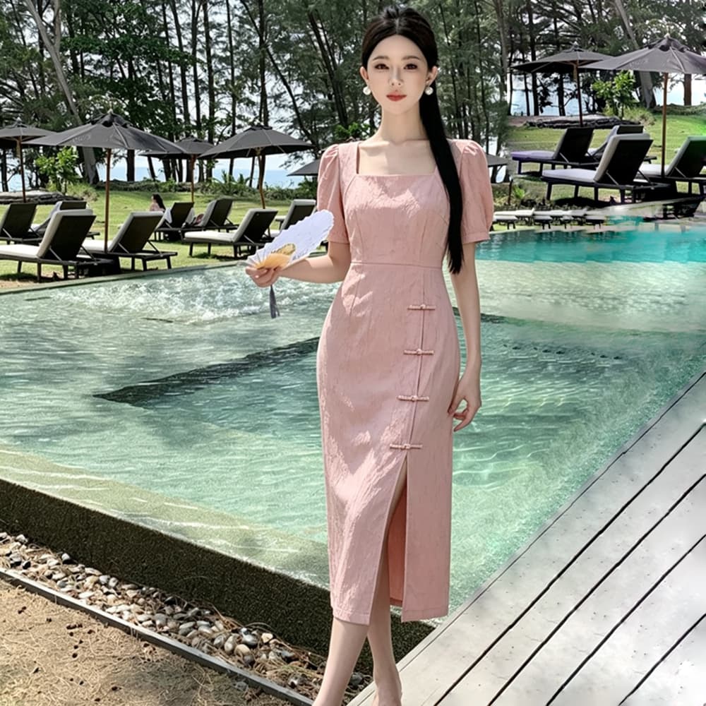 실사 프랑스식 패션 연령 감소 소녀 작은 드레스 미니 스커트 영 개선 스타일 치파오 광장 칼라 거품 소매 드레스 이미지 2