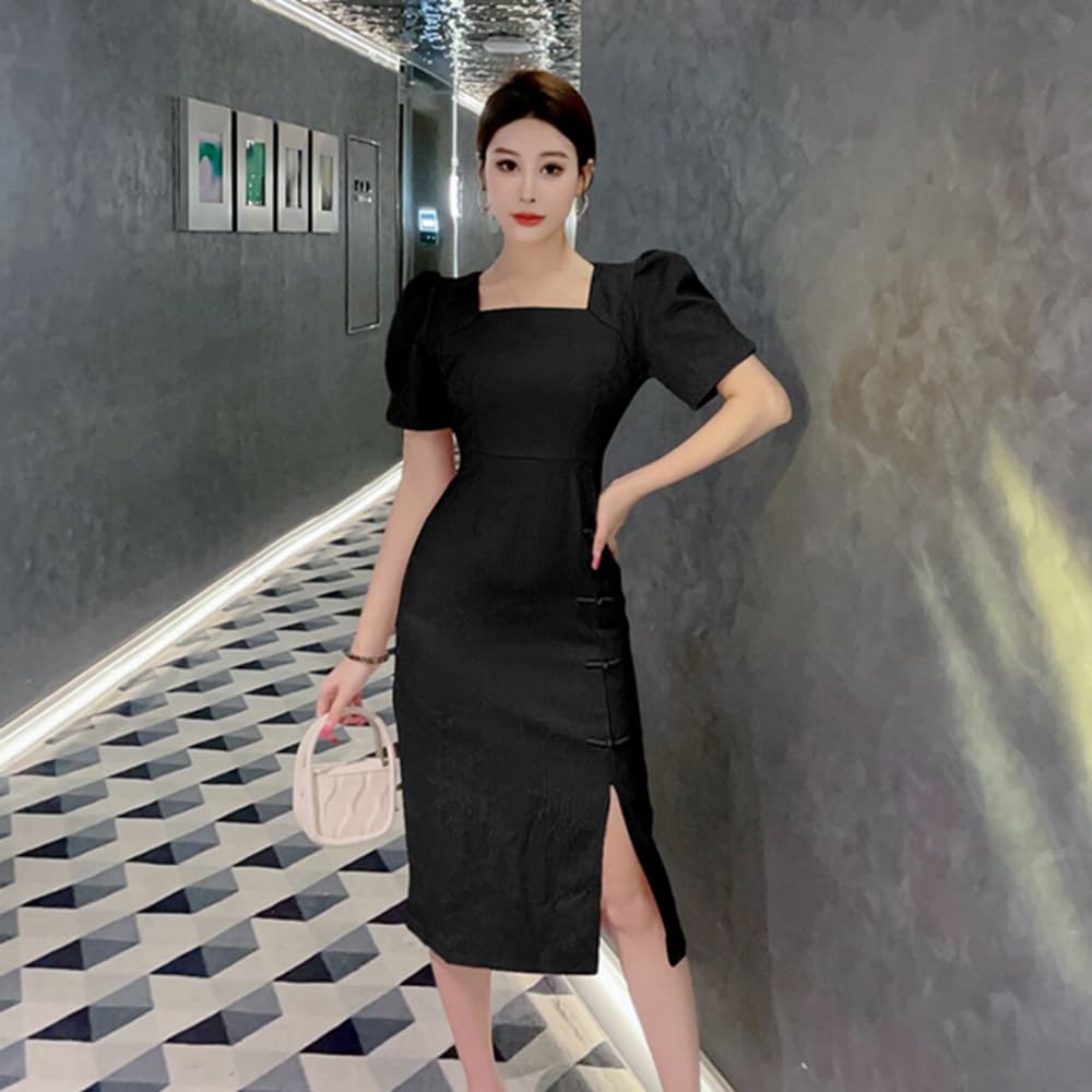 실사 프랑스식 패션 연령 감소 소녀 작은 드레스 미니 스커트 영 개선 스타일 치파오 광장 칼라 거품 소매 드레스 이미지 5