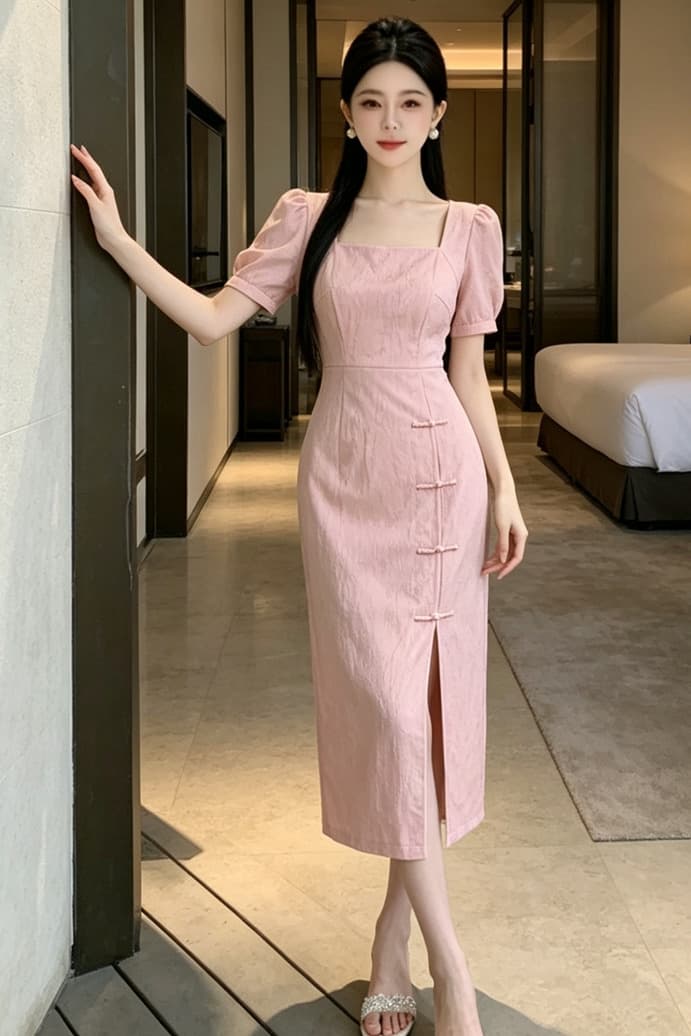 실사 프랑스식 패션 연령 감소 소녀 작은 드레스 미니 스커트 영 개선 스타일 치파오 광장 칼라 거품 소매 드레스 이미지 6