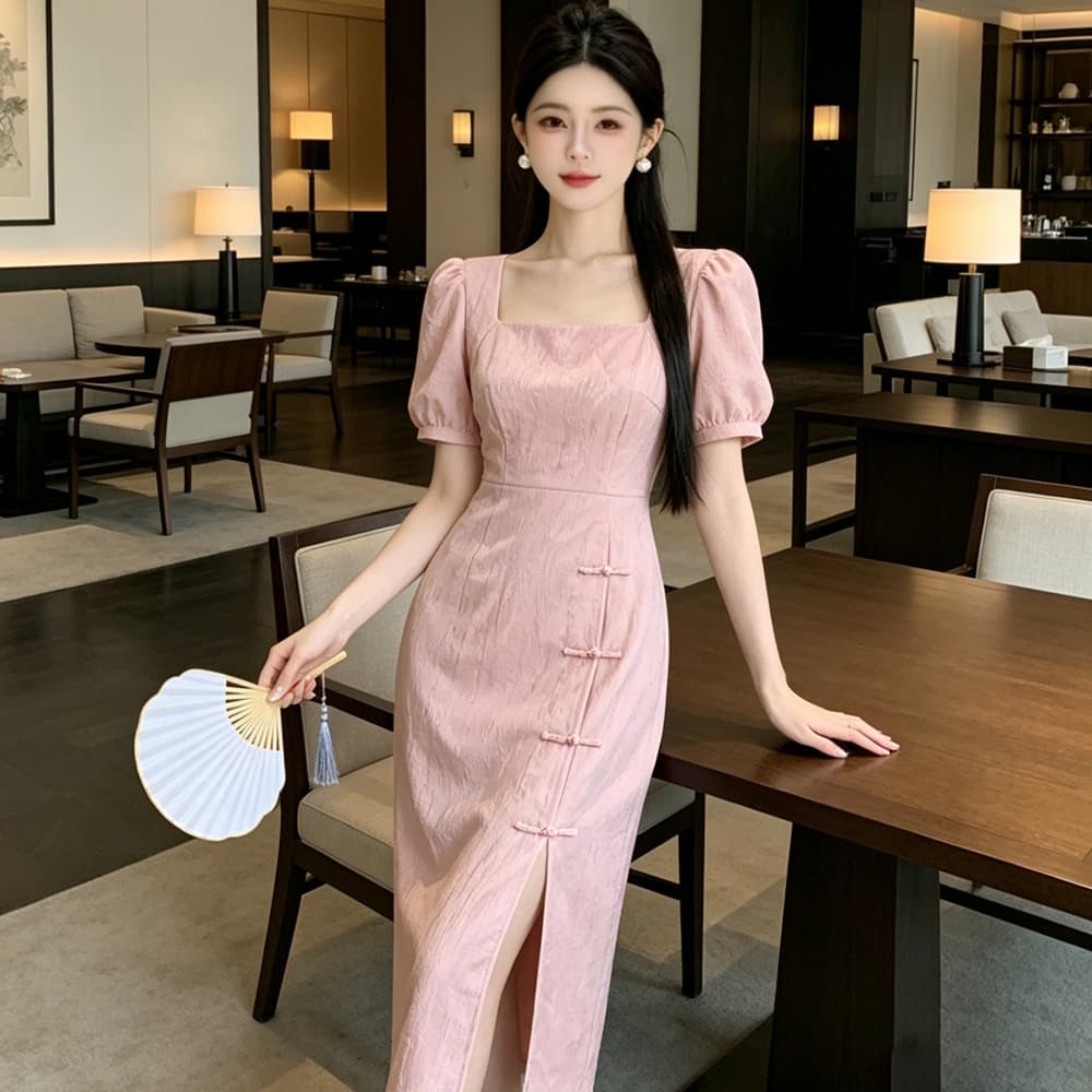 실사 프랑스식 패션 연령 감소 소녀 작은 드레스 미니 스커트 영 개선 스타일 치파오 광장 칼라 거품 소매 드레스 상세 이미지 2