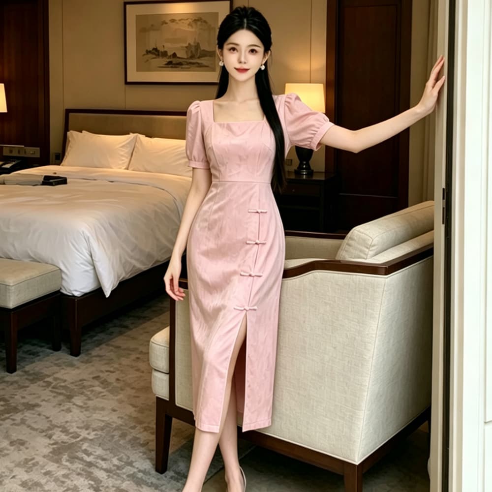 실사 프랑스식 패션 연령 감소 소녀 작은 드레스 미니 스커트 영 개선 스타일 치파오 광장 칼라 거품 소매 드레스 상세 이미지 4