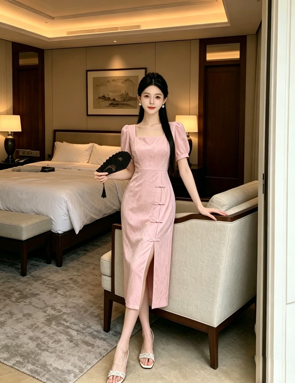 실사 프랑스식 패션 연령 감소 소녀 작은 드레스 미니 스커트 영 개선 스타일 치파오 광장 칼라 거품 소매 드레스 상세 이미지 9