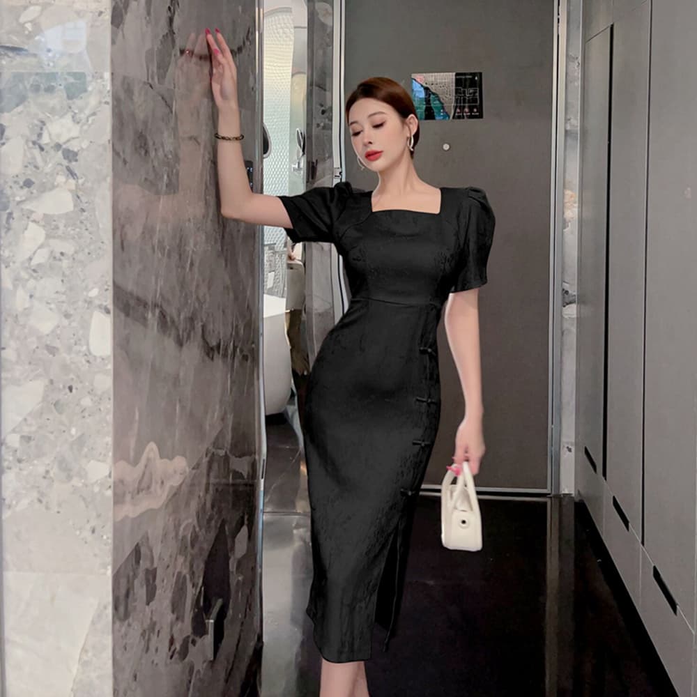 실사 프랑스식 패션 연령 감소 소녀 작은 드레스 미니 스커트 영 개선 스타일 치파오 광장 칼라 거품 소매 드레스 상세 이미지 13