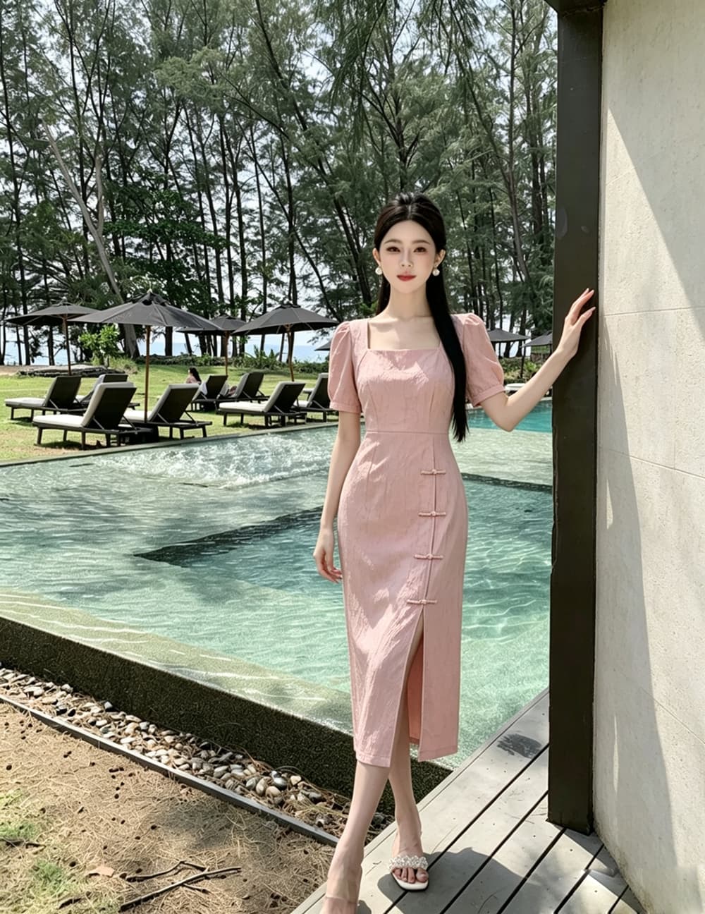 실사 프랑스식 패션 연령 감소 소녀 작은 드레스 미니 스커트 영 개선 스타일 치파오 광장 칼라 거품 소매 드레스 상세 이미지 16