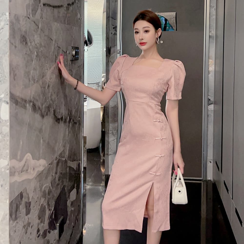 실사 프랑스식 패션 연령 감소 소녀 작은 드레스 미니 스커트 영 개선 스타일 치파오 광장 칼라 거품 소매 드레스 상세 이미지 19
