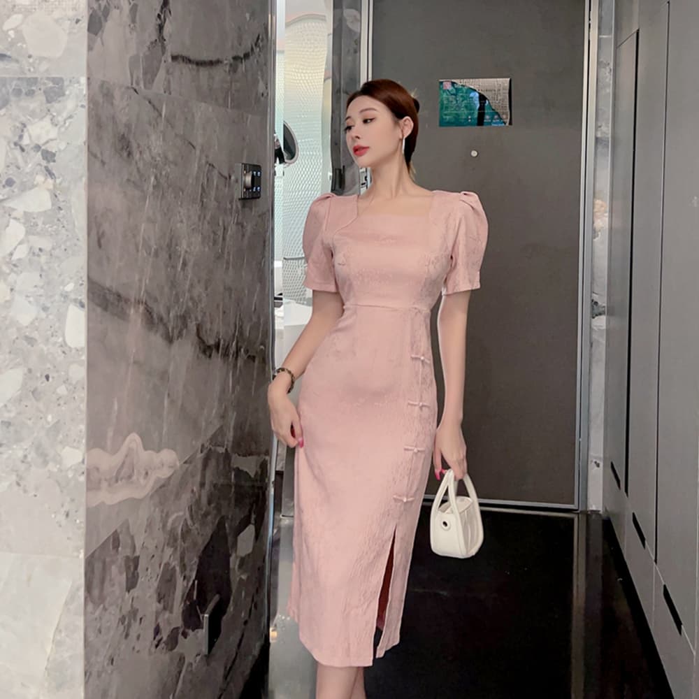 실사 프랑스식 패션 연령 감소 소녀 작은 드레스 미니 스커트 영 개선 스타일 치파오 광장 칼라 거품 소매 드레스 상세 이미지 20