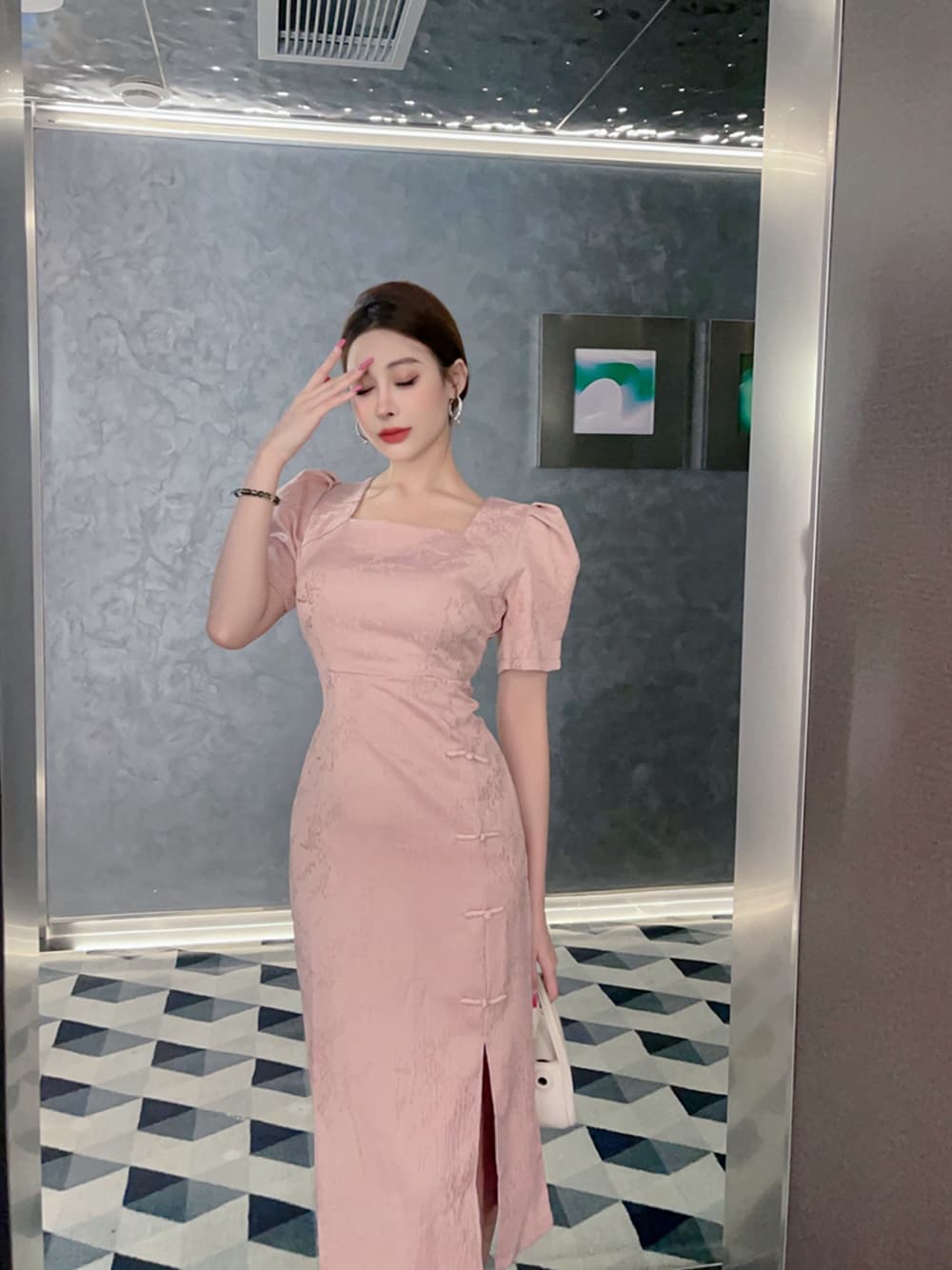 실사 프랑스식 패션 연령 감소 소녀 작은 드레스 미니 스커트 영 개선 스타일 치파오 광장 칼라 거품 소매 드레스 상세 이미지 22