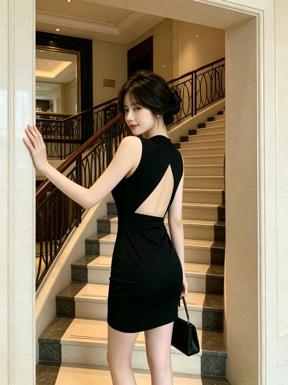 실사 새로운 섹시함 작은 키 검정색 다용도 품격 뒤로 홀로우 아웃 섹시함 타이트 스커트 드레스 예복 미니 스커트 상세 이미지 16