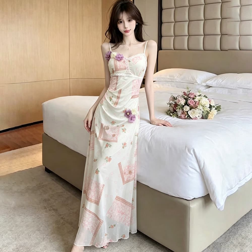 실사 망사 꽃 슬립 여성 드레스 여름 해변가 휴가 허리 수축 슬림해 보이는 품격 해변 드레스 롱 스커트 이미지 3