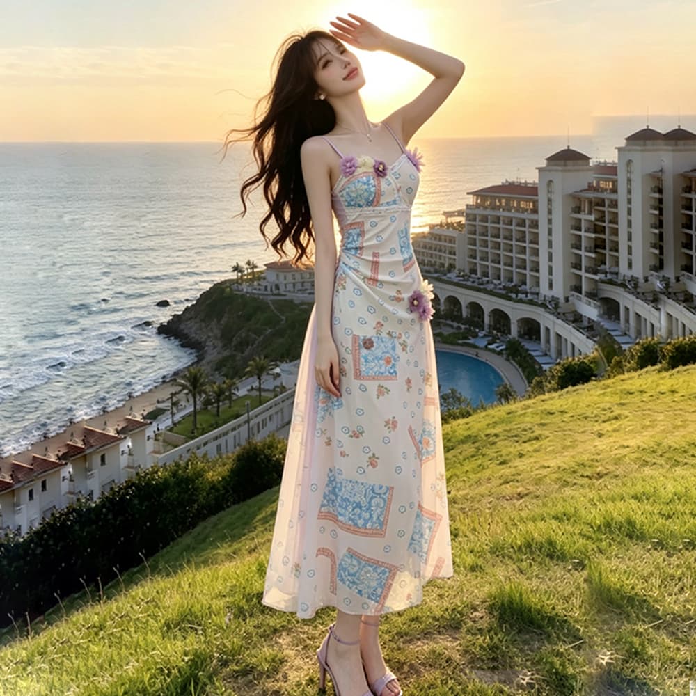 실사 망사 꽃 슬립 여성 드레스 여름 해변가 휴가 허리 수축 슬림해 보이는 품격 해변 드레스 롱 스커트 이미지 6