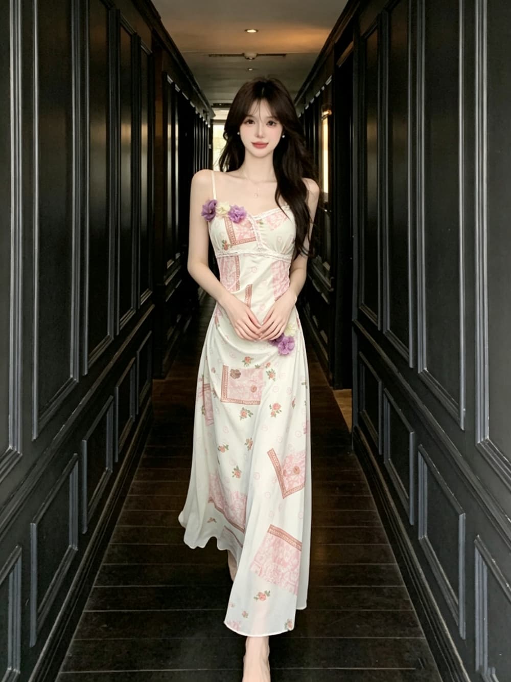 실사 망사 꽃 슬립 여성 드레스 여름 해변가 휴가 허리 수축 슬림해 보이는 품격 해변 드레스 롱 스커트 상세 이미지 4