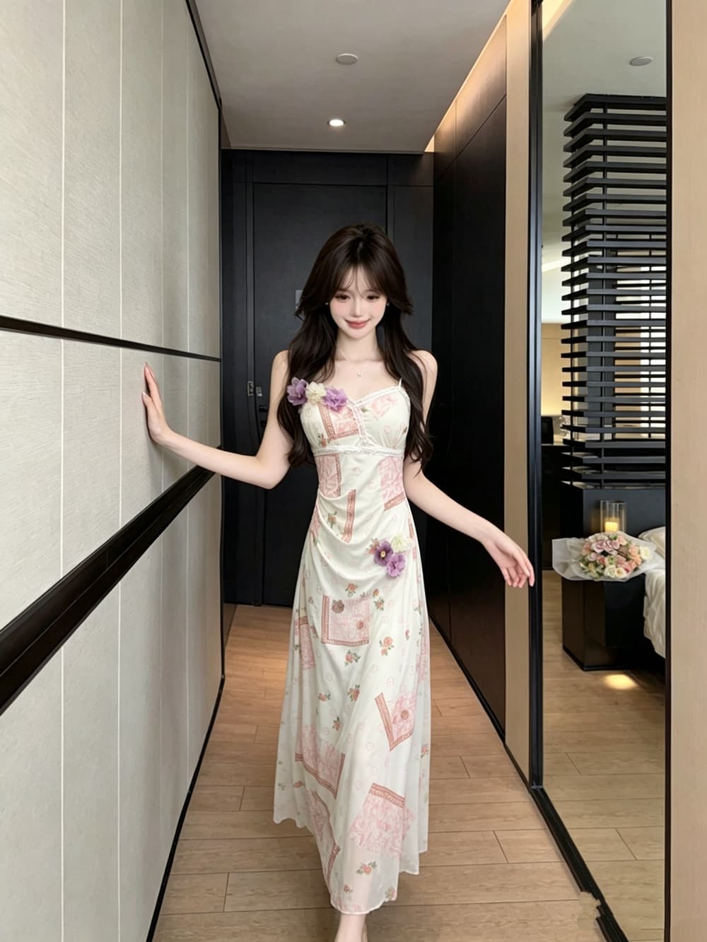 실사 망사 꽃 슬립 여성 드레스 여름 해변가 휴가 허리 수축 슬림해 보이는 품격 해변 드레스 롱 스커트 상세 이미지 5