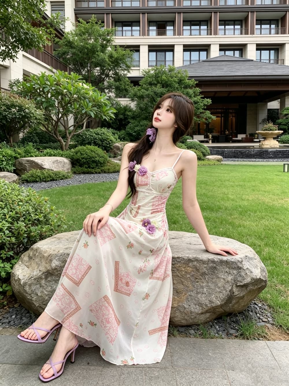 실사 망사 꽃 슬립 여성 드레스 여름 해변가 휴가 허리 수축 슬림해 보이는 품격 해변 드레스 롱 스커트 상세 이미지 6