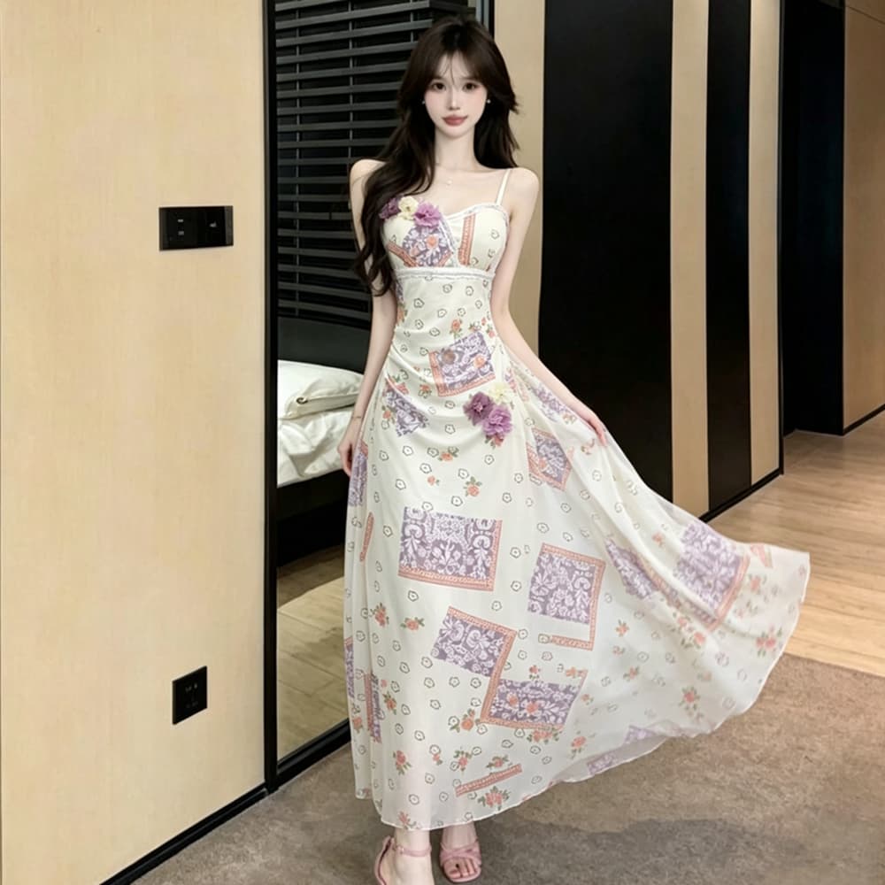 실사 망사 꽃 슬립 여성 드레스 여름 해변가 휴가 허리 수축 슬림해 보이는 품격 해변 드레스 롱 스커트 상세 이미지 10