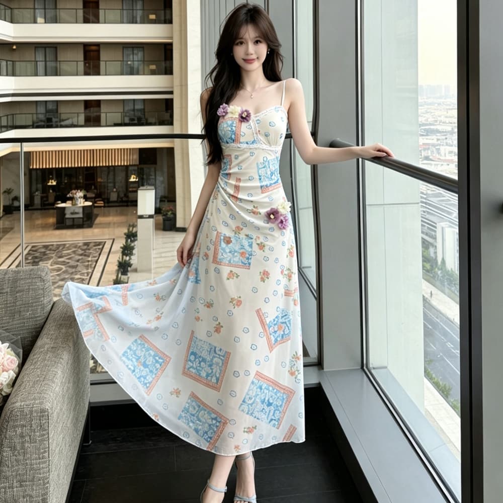 실사 망사 꽃 슬립 여성 드레스 여름 해변가 휴가 허리 수축 슬림해 보이는 품격 해변 드레스 롱 스커트 상세 이미지 19