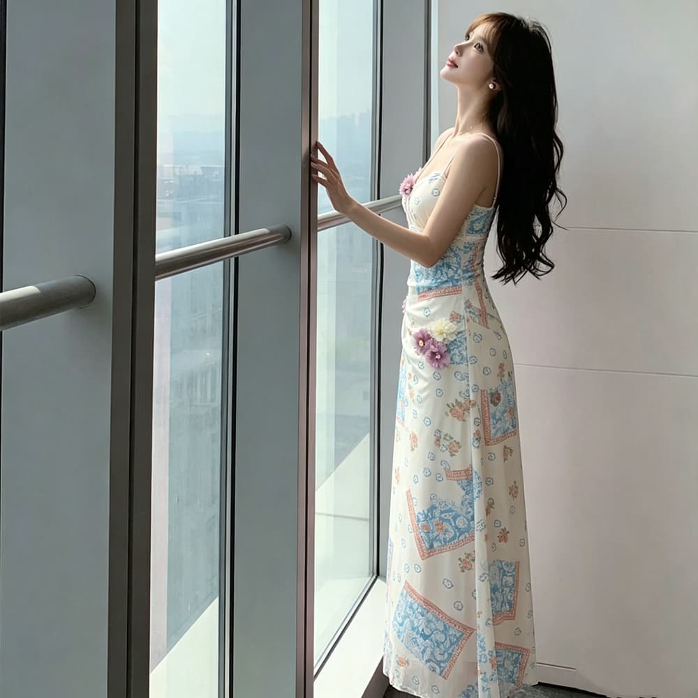 실사 망사 꽃 슬립 여성 드레스 여름 해변가 휴가 허리 수축 슬림해 보이는 품격 해변 드레스 롱 스커트 상세 이미지 24