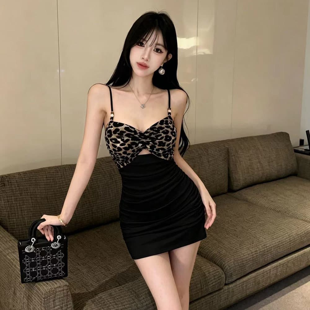 실사 여름 섹시함 핫걸 낮은 가슴 레오파드 무늬 망사 배색 패치워크 슬립 나이트 클럽 춤추기 쇼트 스타일 타이트 스커트 여성 이미지 2