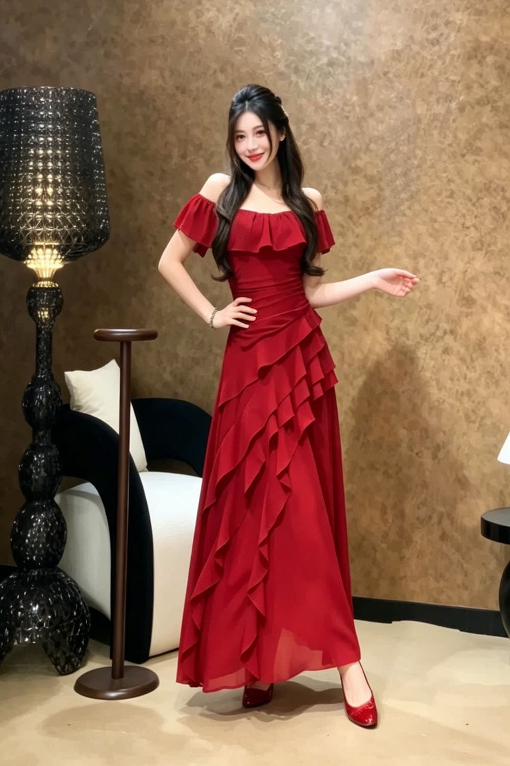 실사 프랑스식 오프숄더 망사 슬립 여성 드레스 여름 해변가 휴가 프릴 허리 수축 예복 롱 스커트 상세 이미지 5
