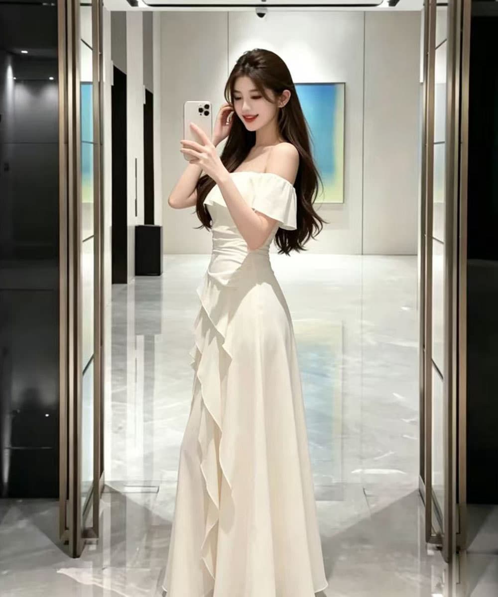 실사 프랑스식 오프숄더 망사 슬립 여성 드레스 여름 해변가 휴가 프릴 허리 수축 예복 롱 스커트 상세 이미지 12