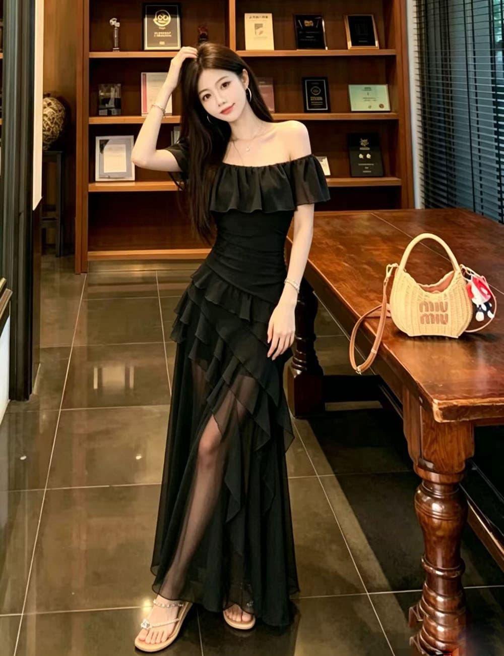 실사 프랑스식 오프숄더 망사 슬립 여성 드레스 여름 해변가 휴가 프릴 허리 수축 예복 롱 스커트 상세 이미지 15