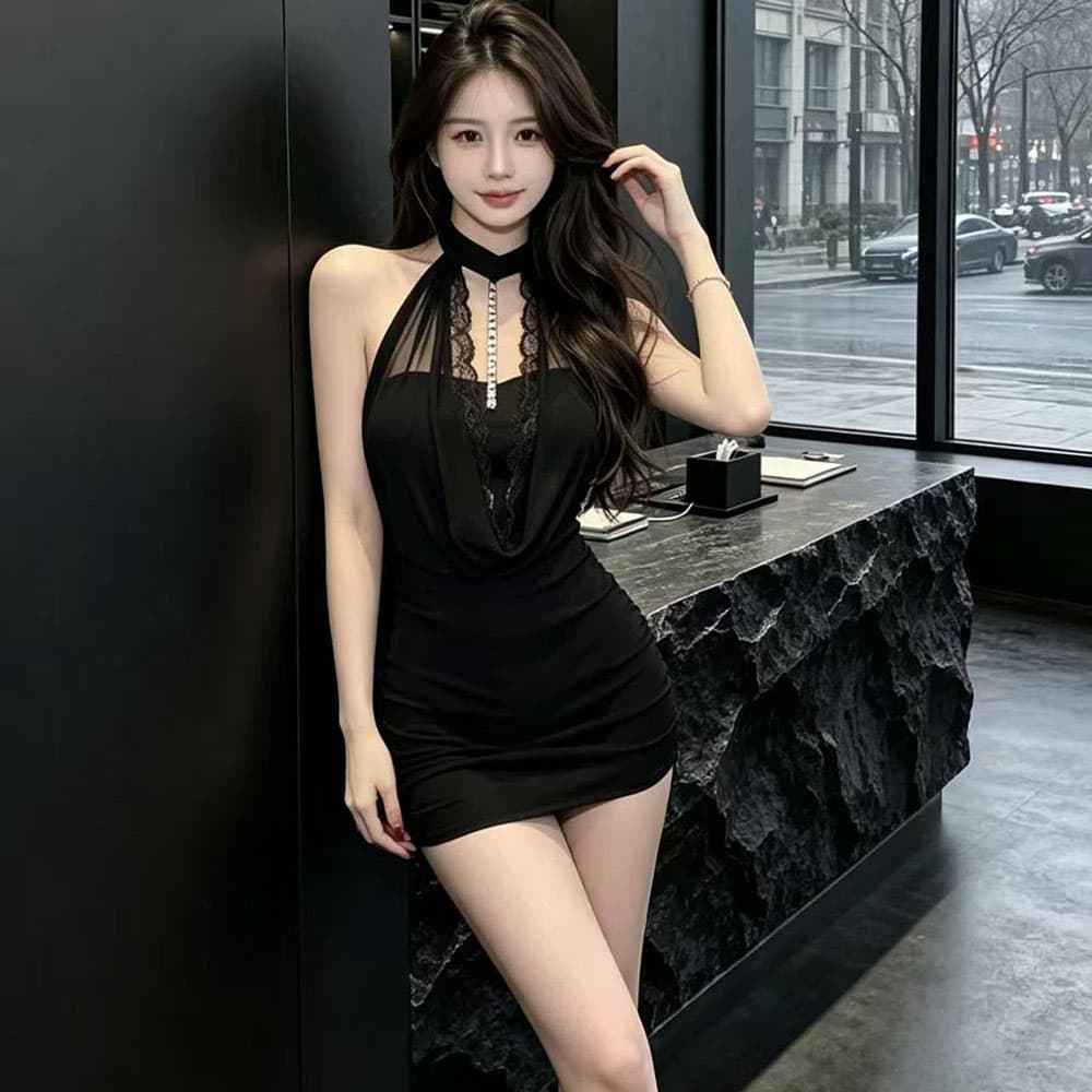 실사 핫걸 보라색 체인 섹시함 망사 흔들다 칼라 행침 목 여성 드레스 여름 순수한 욕망 몸매 가꾸기 타이트 스커트 미니 스커트 이미지 6