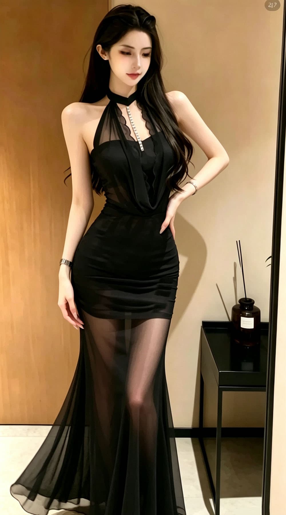 실사 순수한 욕망 섹시함 행침 목 민소매 망사 휴가 해변 드레스 허리 수축 타이트 스커트 예복 인어 꼬리 롱 스커트 상세 이미지 17