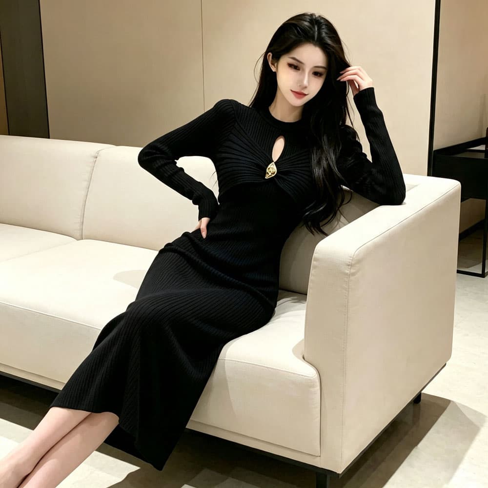 실사 가을 겨울 프랑스식 홀로우 아웃 라운드 넥 중간 길이 스커트 긴팔 품격 허리 수축 타이트 스커트 인사이드 가져 가라. 만나는 니트 드레스 상세 이미지 26