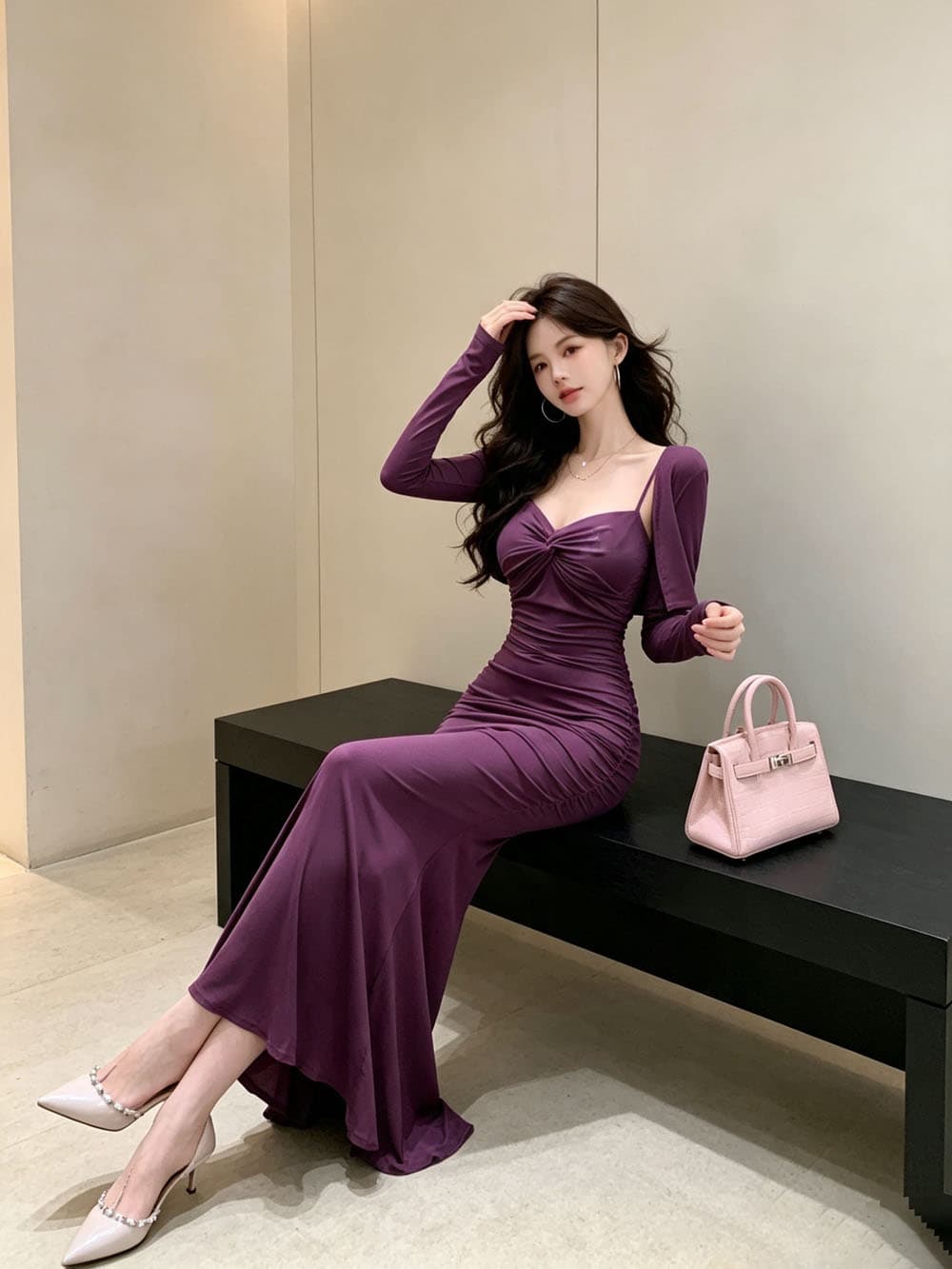 실사 섹시함 핫걸 바람 허리 수축 인어 꼬리 롱 스커트 슬립 여성 드레스 새로운 몸매 가꾸기 긴팔 오픈 가디건 투피스 세트 상세 이미지 12
