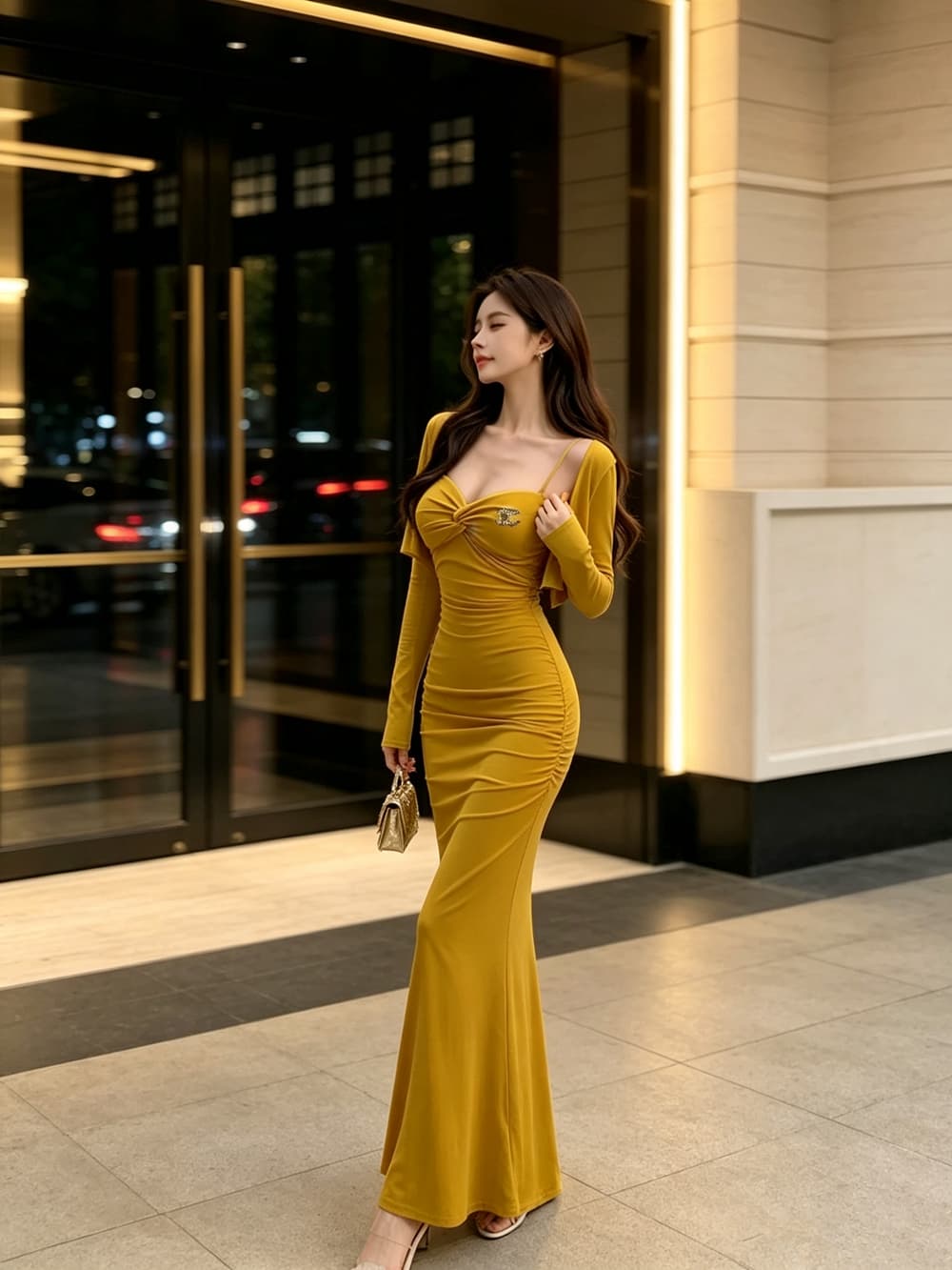 실사 섹시함 핫걸 바람 허리 수축 인어 꼬리 롱 스커트 슬립 여성 드레스 새로운 몸매 가꾸기 긴팔 오픈 가디건 투피스 세트 상세 이미지 18
