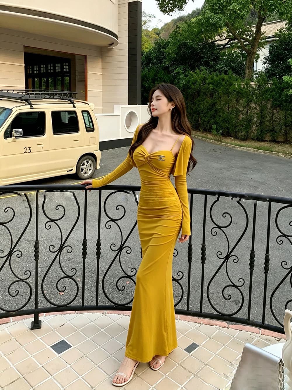 실사 섹시함 핫걸 바람 허리 수축 인어 꼬리 롱 스커트 슬립 여성 드레스 새로운 몸매 가꾸기 긴팔 오픈 가디건 투피스 세트 상세 이미지 23