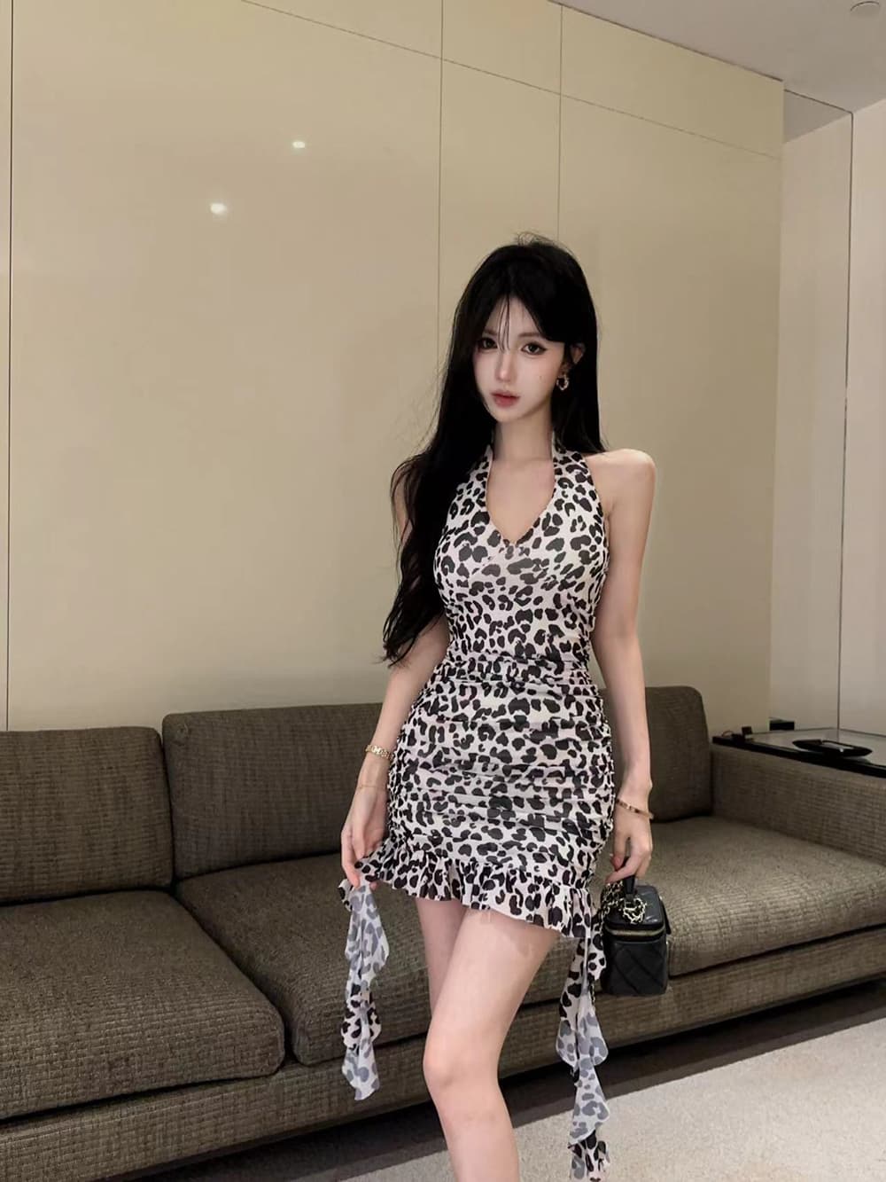 실사 아메리칸 레오파드 무늬 행침 목 슬립 여성 드레스 여름 핫걸 불규칙 프릴 타이트 스커트 조끼 미니 스커트 상세 이미지 11