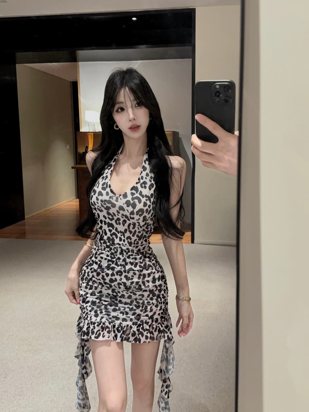 실사 아메리칸 레오파드 무늬 행침 목 슬립 여성 드레스 여름 핫걸 불규칙 프릴 타이트 스커트 조끼 미니 스커트 상세 이미지 16