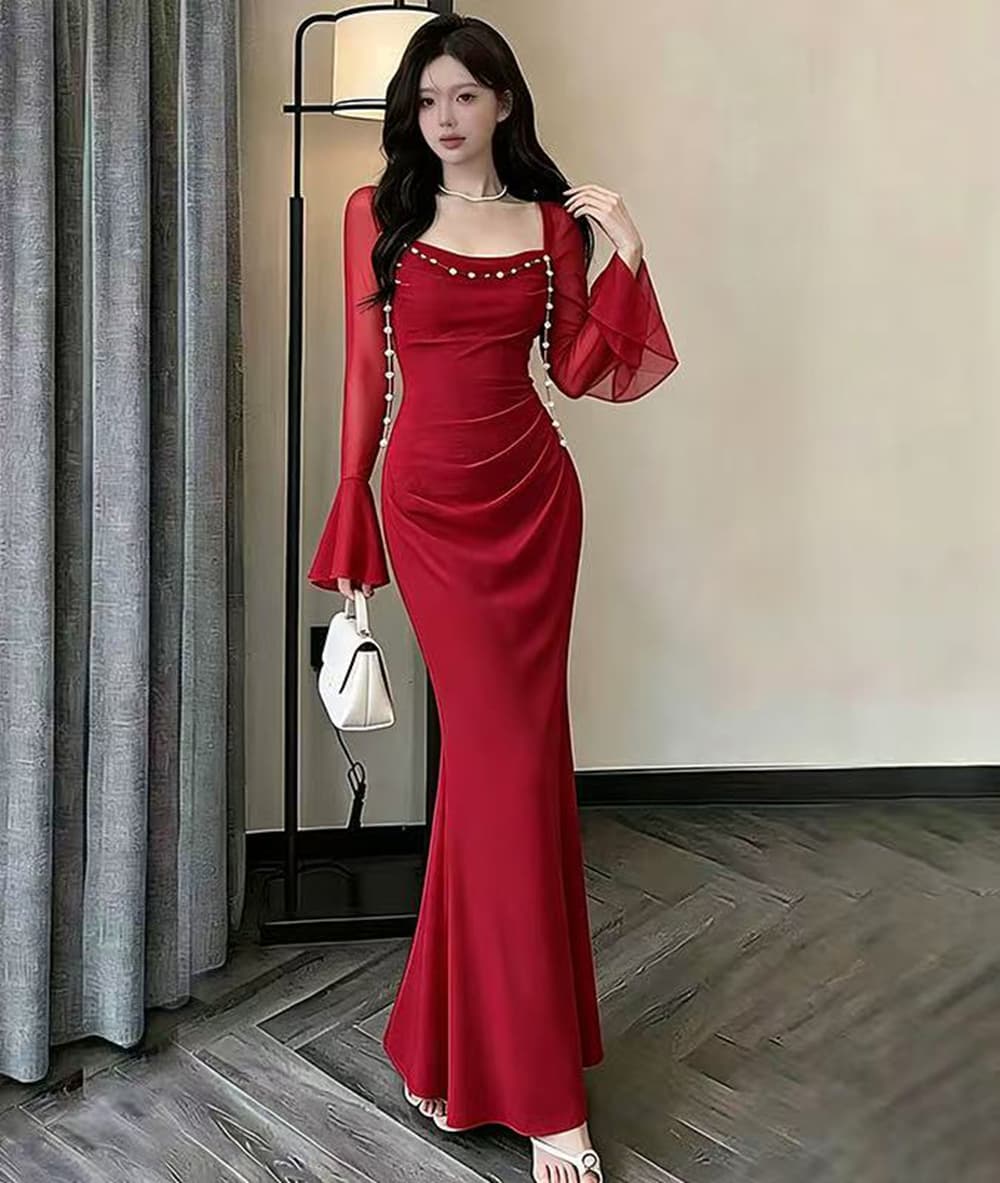 실사 레트로 저녁 식사 예복 치마 여성 몸매 가꾸기 인어 꼬리 스커트 여름 새로운 Tulle 긴팔 망사 타이트 스커트 드레스 상세 이미지 15