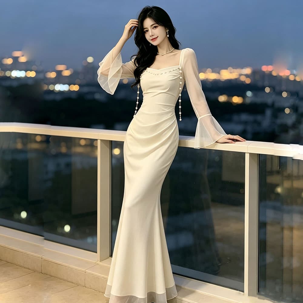 실사 레트로 저녁 식사 예복 치마 여성 몸매 가꾸기 인어 꼬리 스커트 여름 새로운 Tulle 긴팔 망사 타이트 스커트 드레스 상세 이미지 18