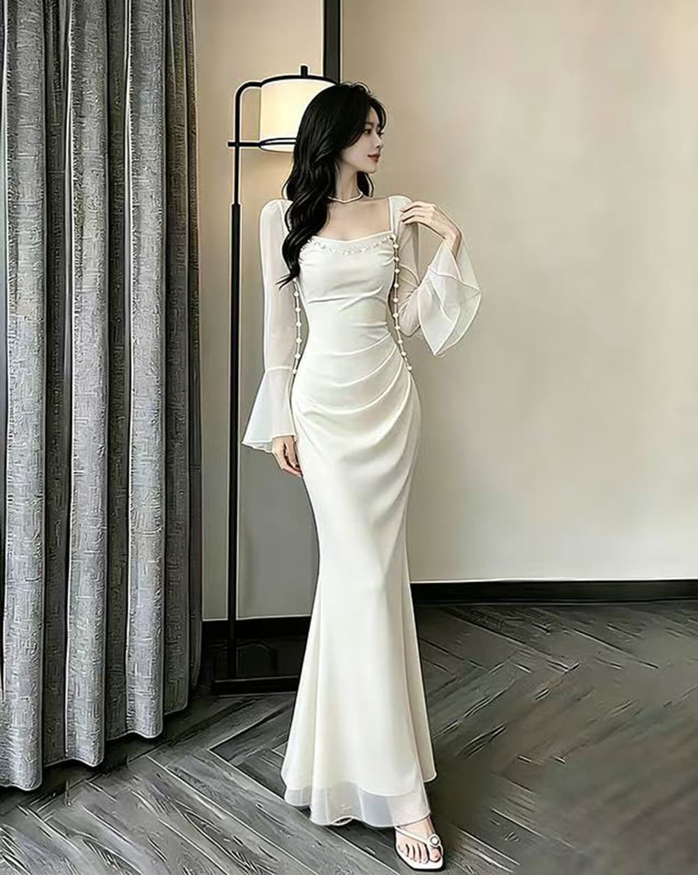 실사 레트로 저녁 식사 예복 치마 여성 몸매 가꾸기 인어 꼬리 스커트 여름 새로운 Tulle 긴팔 망사 타이트 스커트 드레스 상세 이미지 23