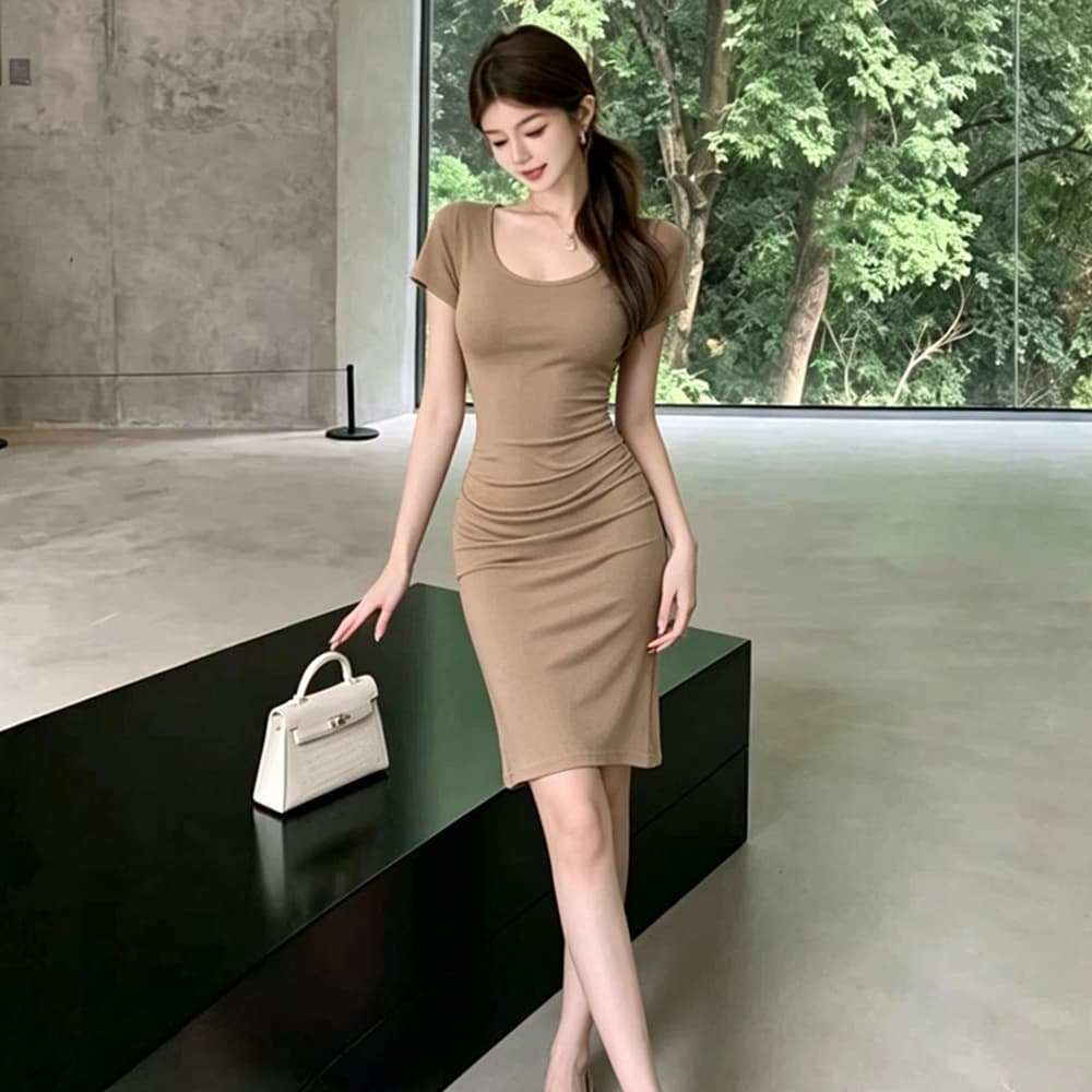 실사 여름 여성 의류 반팔 순수한 욕망 섹시함 타이트 중간 길이 치마 로얄 자매 팬 u 칼라 타이트 스커트 드레스 상세 이미지 1