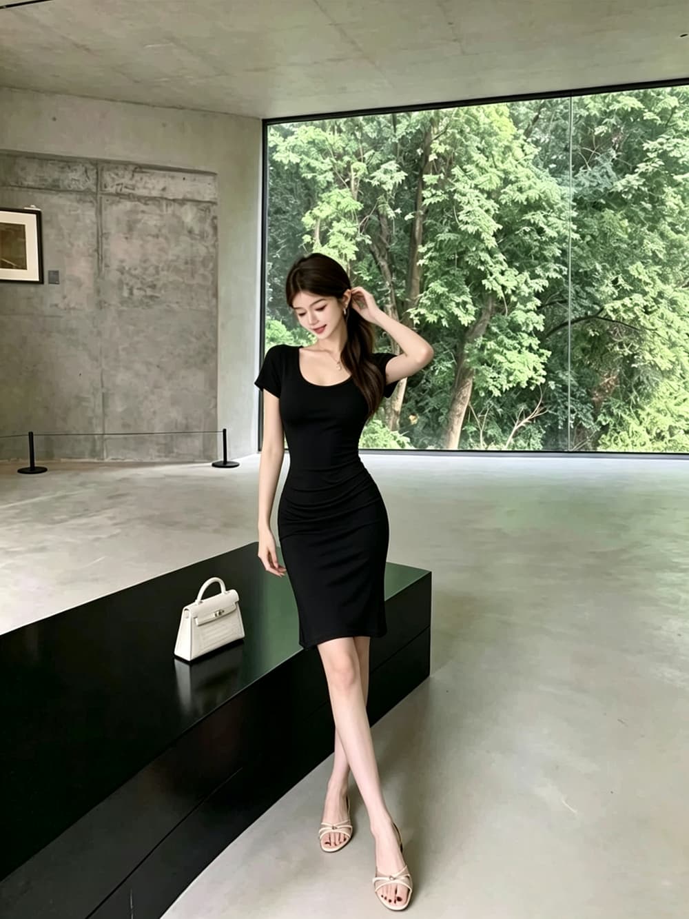 실사 여름 여성 의류 반팔 순수한 욕망 섹시함 타이트 중간 길이 치마 로얄 자매 팬 u 칼라 타이트 스커트 드레스 상세 이미지 10